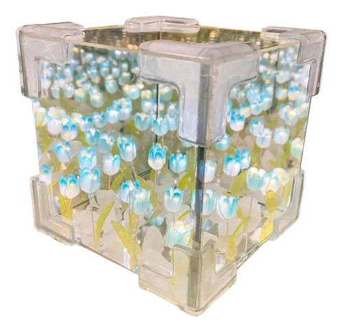 🌷 Lámpara Tulipán Cuadrada con Efecto Espejo Infinito – Luz Nocturna LED 360°